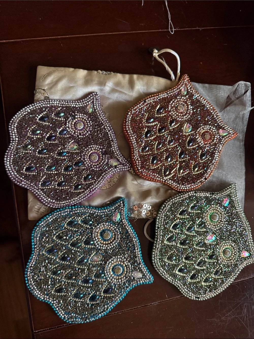 Embellished Sequin Floral owl Coaster Set - Multicolor